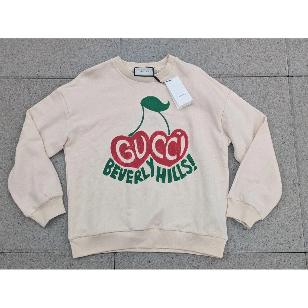 Gucci Sweatshirt Mens Medium Beige Beverly Hills Cherry Graphic Crewneck Fleece